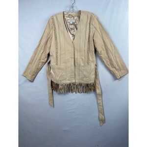 Coldwater Creek Leather Jacket Women Large Fringe Tan Western Whipstitch Belted
